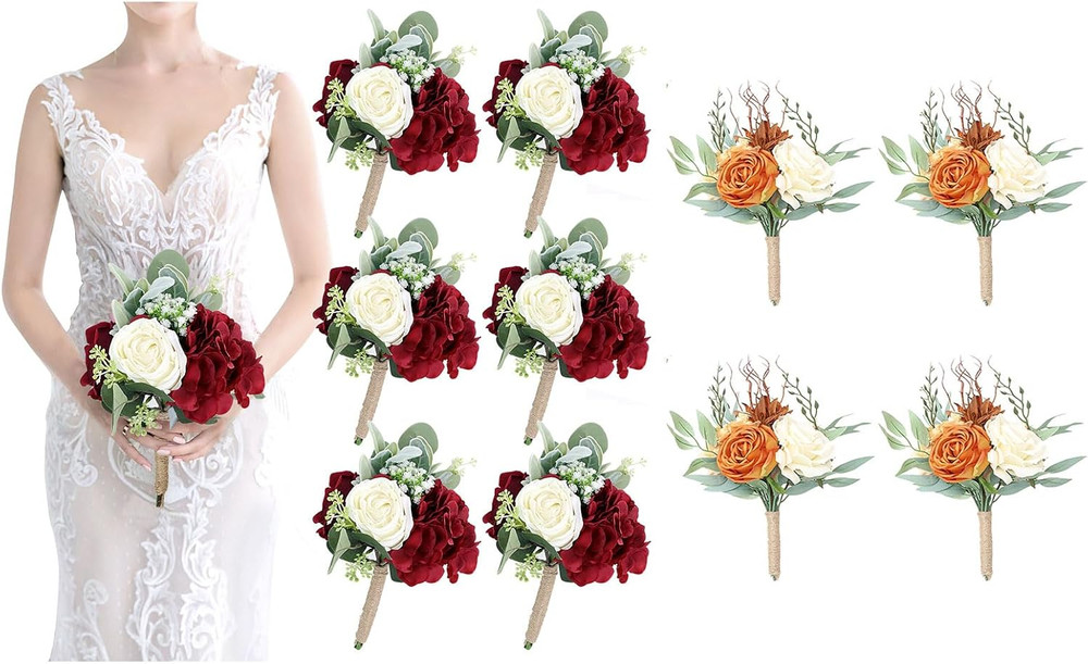 Burgundy & Orange Bridesmaid Bouquets – 10 Pcs Wedding Flower Set