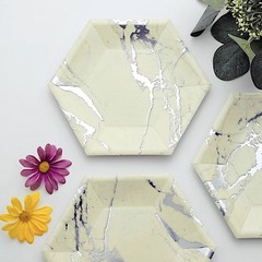 50 pcs 8.5″ Ivory Silver Hexagon Paper Salad Plates Marble Design Tableware