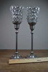 Silver Tone Crystal Stem Jeweled Votives Chalice Candleholders Set Of 2 Beads