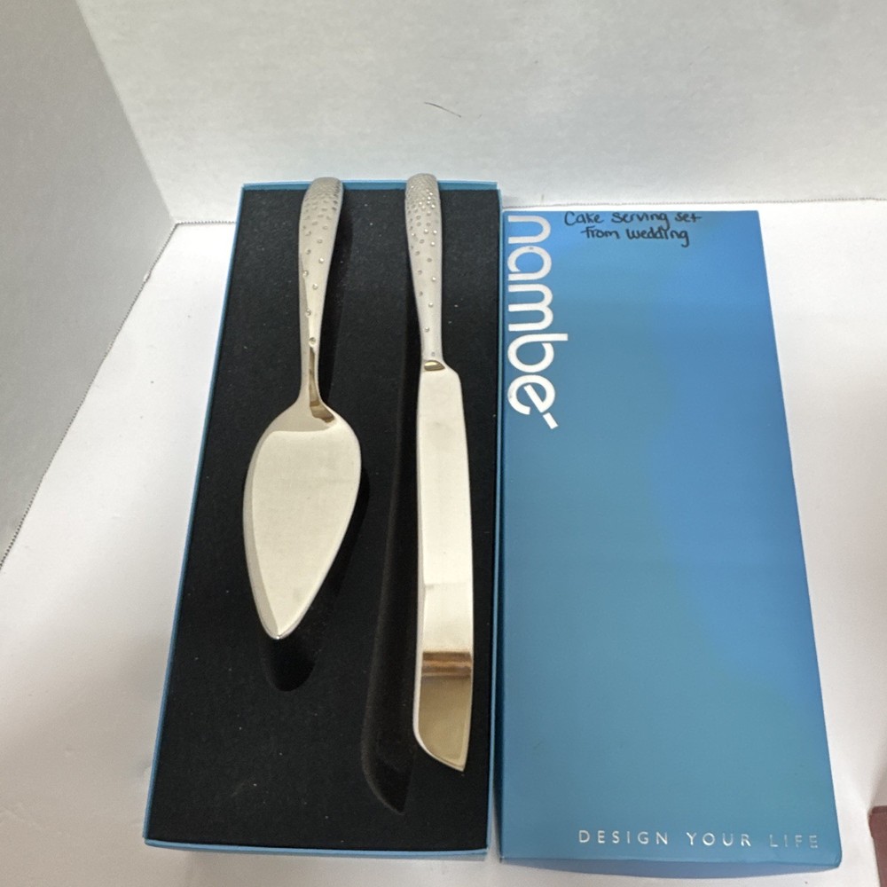 Nambe Stainless Steel Cake Knife & Server Set, Glossy Silver Modern 2pc