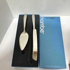 Nambe Stainless Steel Cake Knife & Server Set, Glossy Silver Modern 2pc
