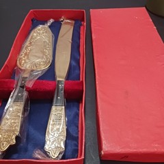Vintage Cake Knife & Server Set, Ornate Metal Handles, Gold/Silver Glossy