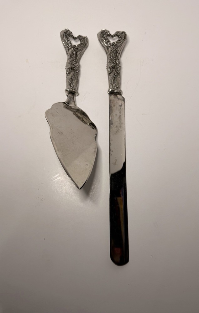 Fellowship Foundry Dragon Hearts Pewter Cake Knife & Server Wedding Set