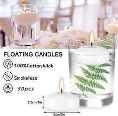 50 Pack of 2-Inch White Floating Candles – Ideal for Weddings, Home Décor,