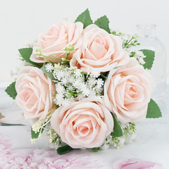 Dusty Blue & Peach Rose Bridesmaid Bouquets Set of 6 for Weddings