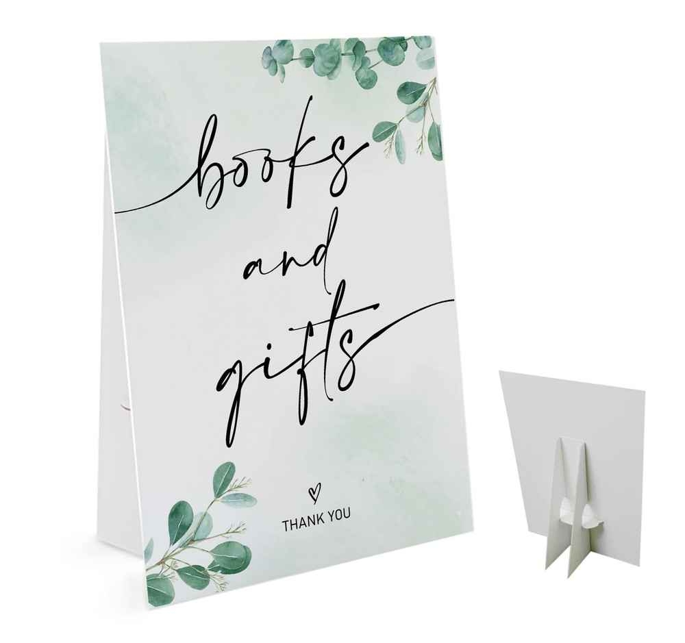 Books and Gifts Sign(8 x 11 Inch Table Sign with Holder), Greenery Baby Showe…