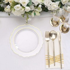 30 CLEAR 8″ Round Plastic Dinner Plates GOLD Scalloped Rim Events Wedding