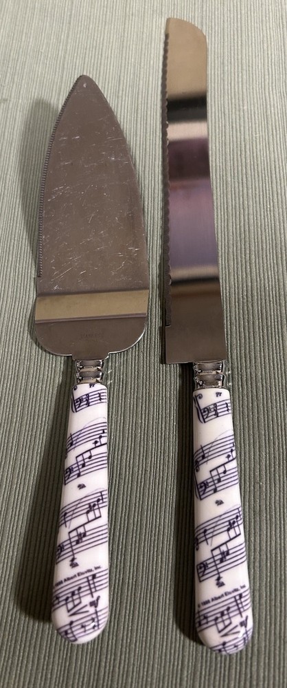 Musical Note Serrated cake knife and server set White W/purple Design Handle