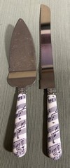 Musical Note Serrated cake knife and server set White W/purple Design Handle