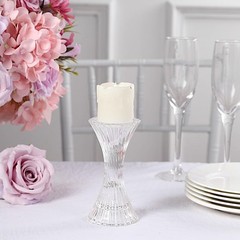 2 Clear 5 in Hour Glass Reversible Pillar and Taper Candle Holders 5″,