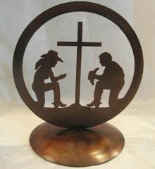 Laser Cut Steel Western Wedding Cake Top, Cowboy Couple Kneeling Prayer