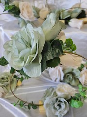 6 Pc Wedding Table Centerpieces, Green, Ivory, Round, Circle, Gold, Wood