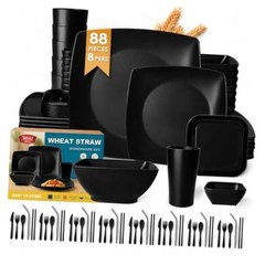 88-piece With Flatware Plastic Kitchen Wheat Straw Square Dinnerware Set Black
