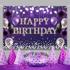 Large Happy Birthday Backdrop Banner Purple Theme Decor With Shiny Diamond No…