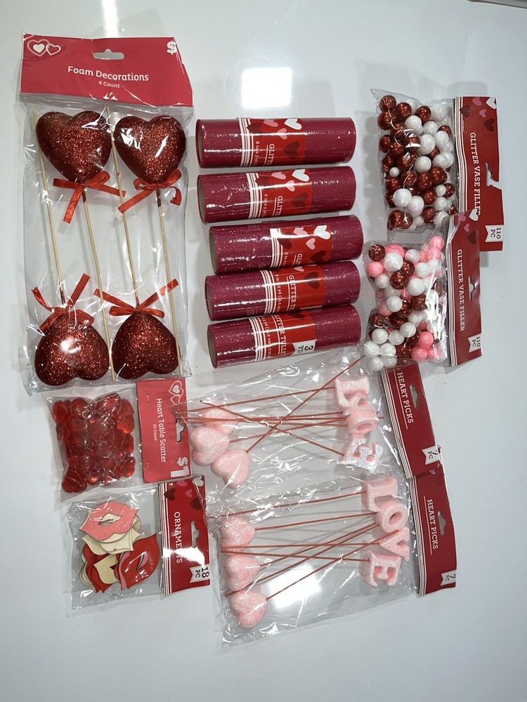 Lot of 12- Glitter Tulle 6X3 Yards Fuchsia. Glitter Foam Hearts Lip Love & More
