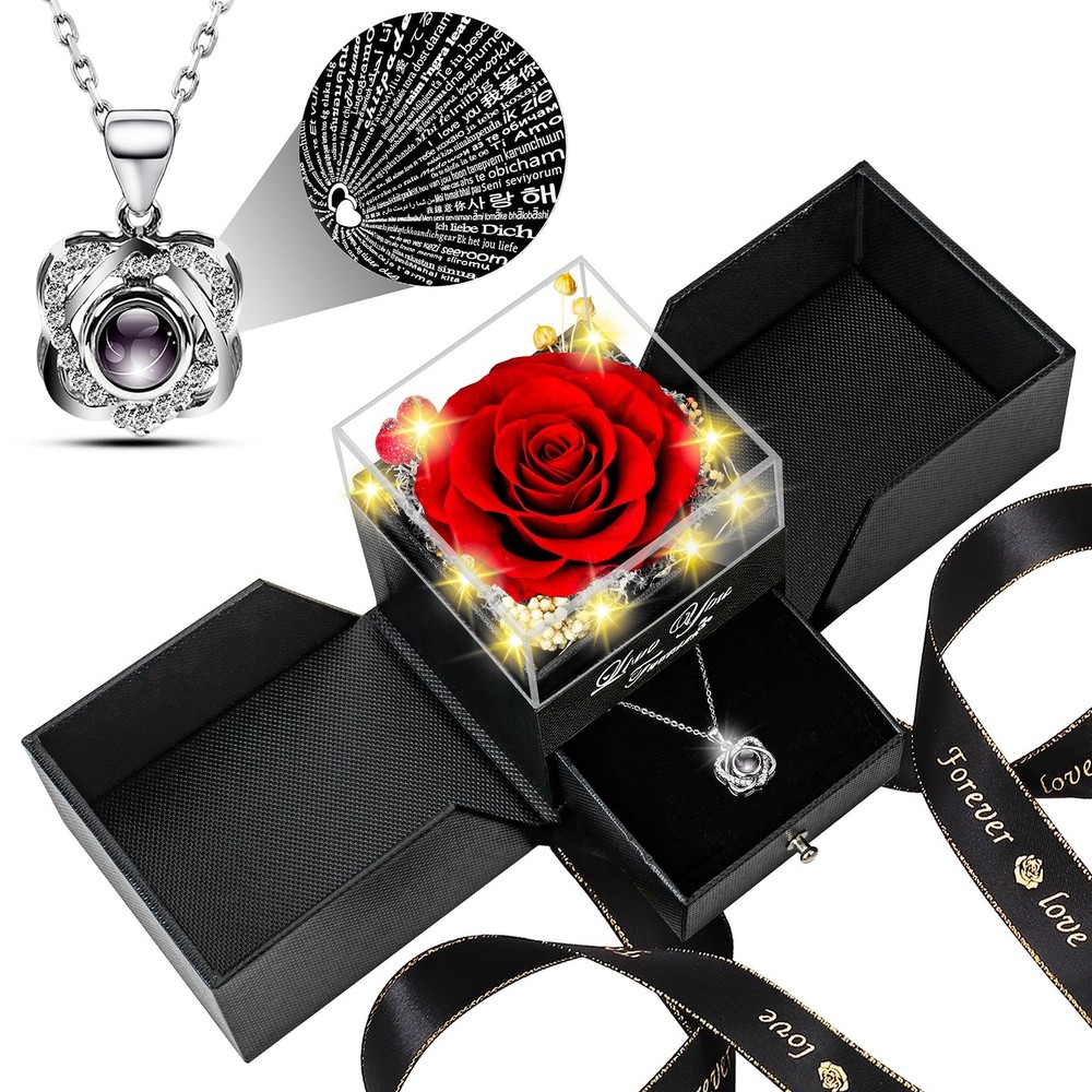 Lebana Preserved Red Real Rose with Heart I Love You Necklace 100 inches,
