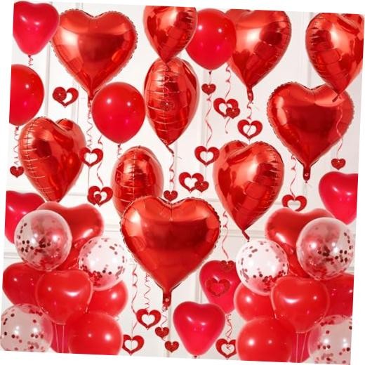 Red Heart Balloons Set, 30Pcs Heart Shaped Balloons and 50Pcs Red Hanging