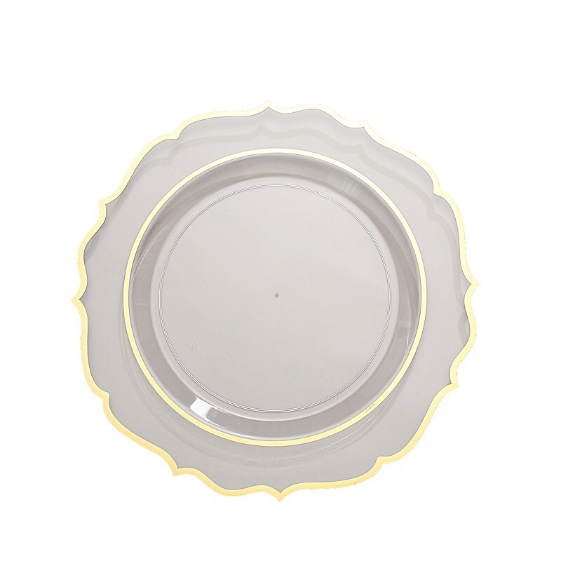 10.5″ Clear Round Dinner Plates With Gold Scalloped Rim Wedding Tableware