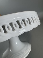 Vintage White Milk Glass Pedestal Cake Stand Openwork Edge 8” Round