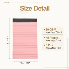 6 Pcs Writing Note Pads, 3 x 5 Inch A7 Lined Refill Paper, Pink