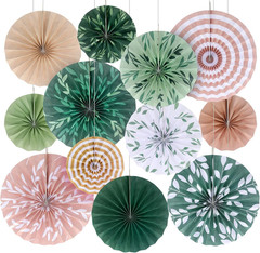 12 Pcs Sage Green Hanging Paper Fans Boho Hanging Ceiling Decoration Vintage Flo