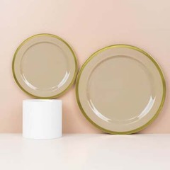 TAUPE10 Round 7″ Plastic SALAD PLATES Gold Rim Party Events Tableware