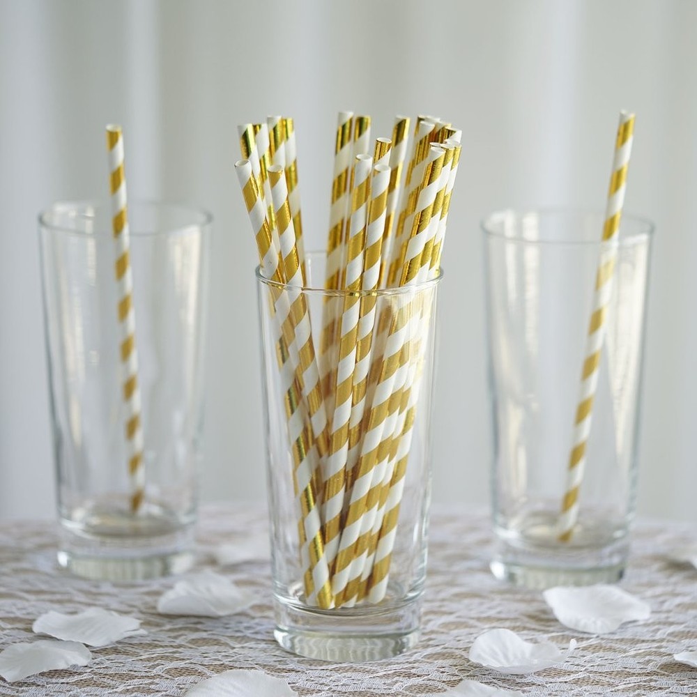 200 pcs 8″ White and Gold Biodegradable Striped Paper Straws Wedding Party Craft