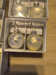 Christmas Ball Ornament Place Card Photo Holders Set of 10 Pearlized White Shiny