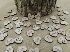 100 Mr and Mrs wood hearts rustic wedding, venue decor, confetti, invitation USA