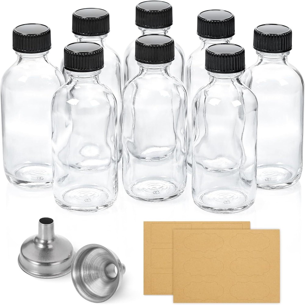 8 Pack, 2 oz Small Clear Glass Bottles w/ Lid & 2 Stainless Steel 2oz,