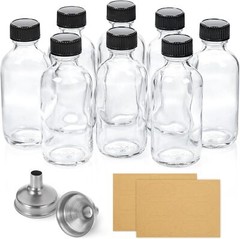 8 Pack, 2 oz Small Clear Glass Bottles w/ Lid & 2 Stainless Steel 2oz,