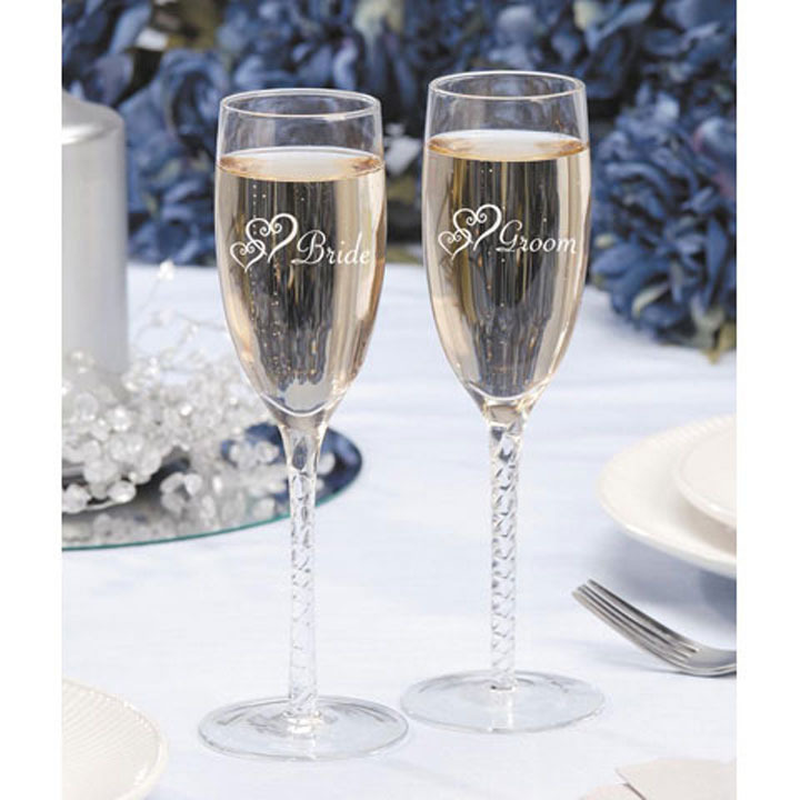 BRIDE & GROOM ETCHED CHAMPAGNE GLASSES TOASTING FLUTES SET OF 2 VICTORIA LYNN