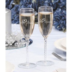 BRIDE & GROOM ETCHED CHAMPAGNE GLASSES TOASTING FLUTES SET OF 2 VICTORIA LYNN