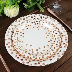 25 WHITE 9″ Round PAPER PLATES ROSE GOLD Polka Dots Party Events Home Tableware