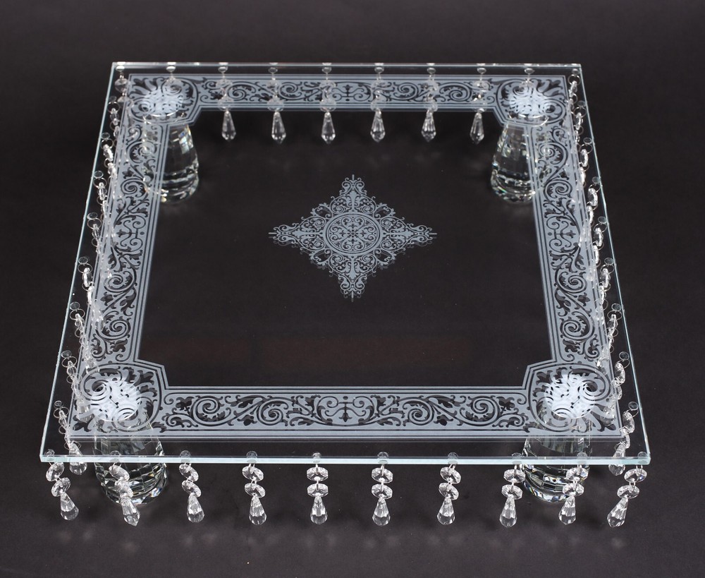 Cake Stand Crystal Square 36 Hangers 4 Adjustable Legs Laser Design 16″W 4.25″H