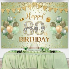 Happy 80th Birthday Backdrop for Women Men Sage Green Gold Balloons Photograp…