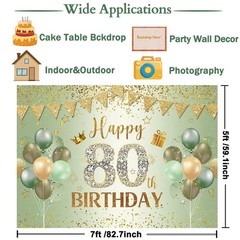 Happy 80th Birthday Backdrop for Women Men Sage Green Gold Balloons Photograp…