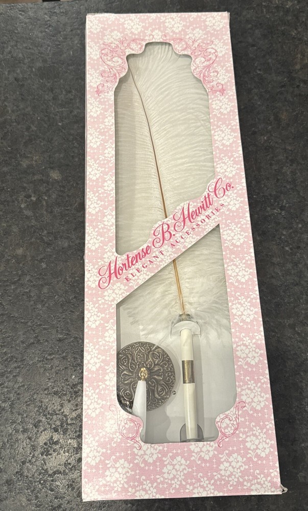 Vintage Hortense B Hewitt Co White Feather Pen w/Brass Colored Base Wedding Set