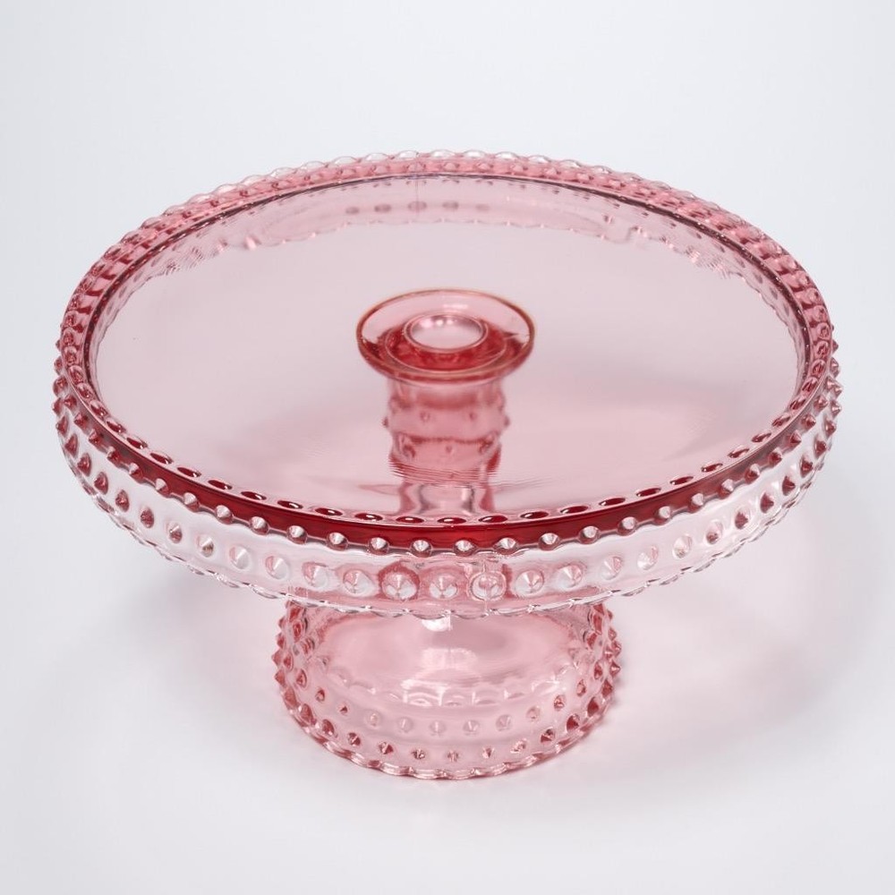 L E Smith Vtg Pink Hobnail Scalloped Pedestal Cake Plate Stand 8.5″dia