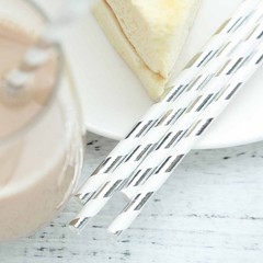 150 pcs 8″ White and Silver Biodegradable Striped Paper Straws Light Gray Party