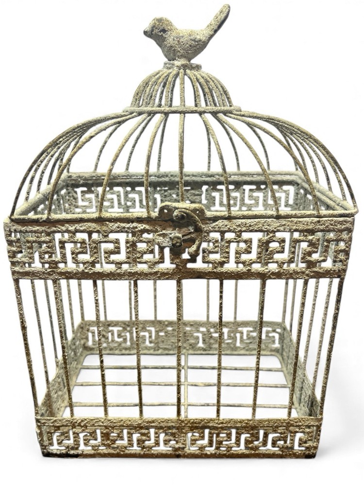 Vintage Ornate Birdcage Distressed White Metal Greek Key Décor with Bird Top