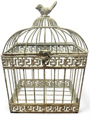 Vintage Ornate Birdcage Distressed White Metal Greek Key Décor with Bird Top