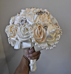 Handmade Satin Rose Ribbon Wedding Bouquet Artificial Bridal Pearls Beads Ivory