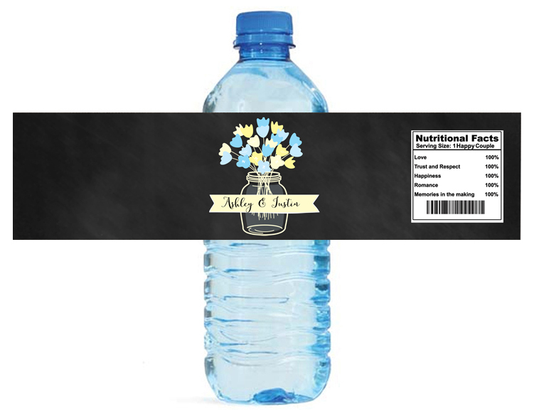 Chalkboard Mason Jar Flowers wedding anniversary Engagement Water Bottle Label