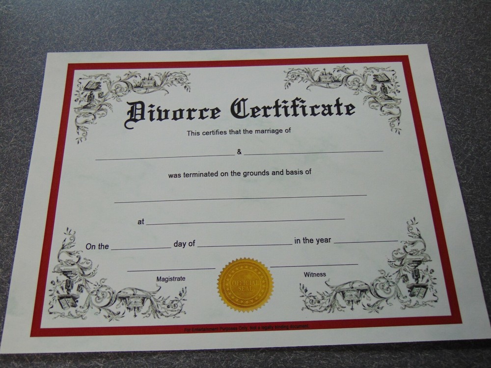 Most Authentic Looking Novelty Divorce Certificate. Fill in Date, Day, Grounds.