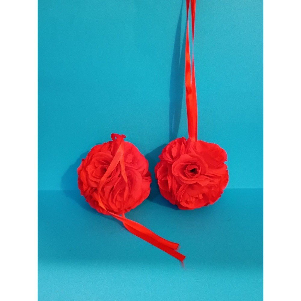 Set of 2 Red Fabric Rose Pomander Kissing Balls Wedding Decor Flower Girl 5 inch
