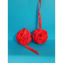 Set of 2 Red Fabric Rose Pomander Kissing Balls Wedding Decor Flower Girl 5 inch