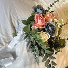 Artificial Wedding Flower Bouquet Bunch – Blue Pink White Roses Eucalyptus