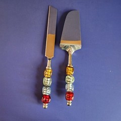 Cake Server Glass Acrylic Multicolored Handles Zebra Stripes 2 Piece Pie Slicer