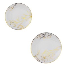 20 Round WHITE Plastic Salad Dinner PLATES Gold Floral Design Party Decorations